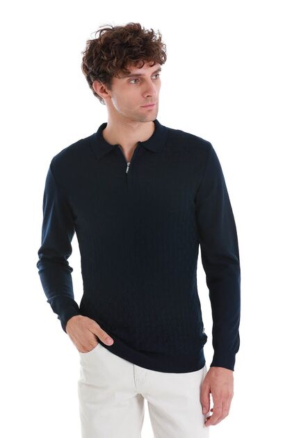 Navy Blue Regular Fit Jacquard Polo Collar Wool Knitwear Sweater