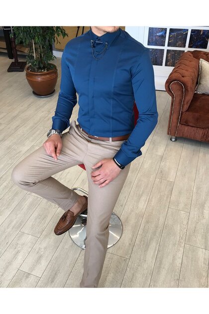 Italian Cut Slim Fit Men's Satin Navy Blue Chain Shirt T4098