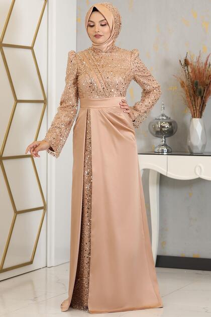 Gold Hijab Evening Dress - Åžehrazat