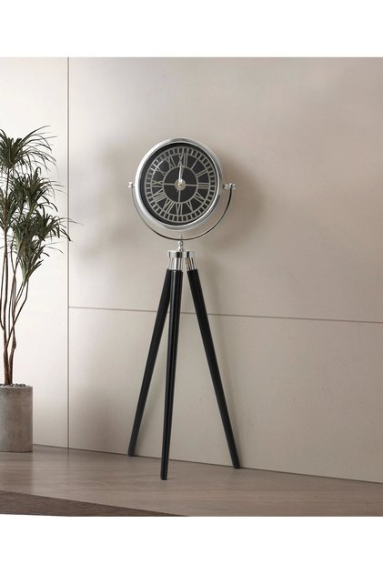 Tripod Ayaklı Dekoratif Saat Roma Rakamlı Siyah-Krom