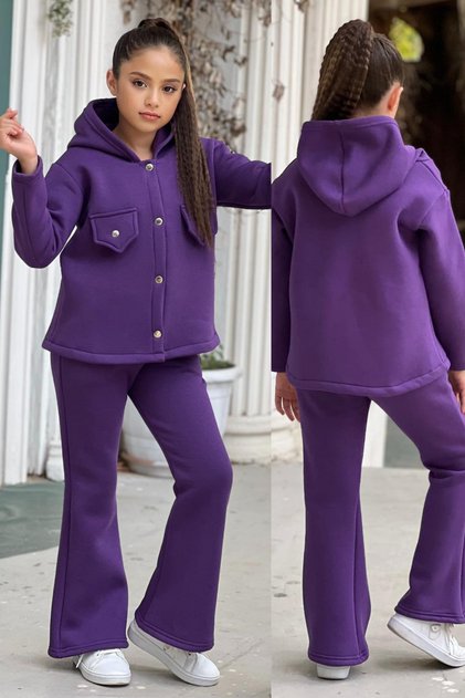 3 Thread Raised Winter Wide Leg Bottom Top Girls' Tracksuit Set with Fleece Inside (Buy 1 Year Old Large)