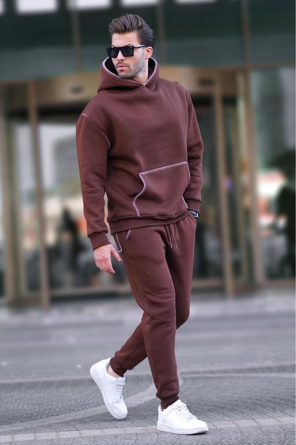 Bitter Brown Men's Hooded Elastic Cuffed Sweatpants Set 7045