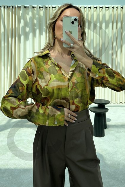 Kadın Oversize Desenli Saten Gömlek