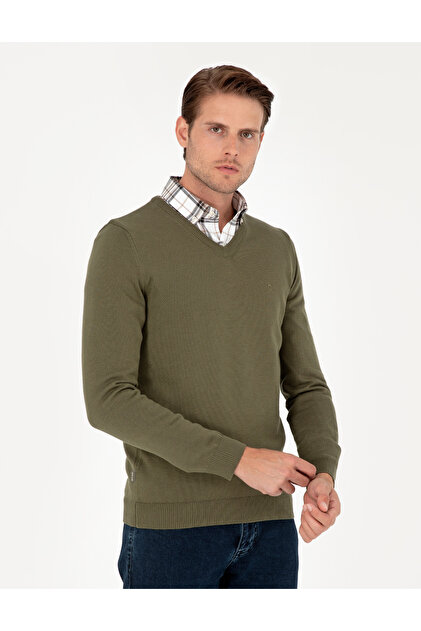 Dark Khaki Slim Fit V-Neck Basic Knitwear Sweater 50296583-Vr111