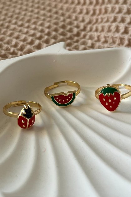 Ladybug, Watermelon and Strawberry Ring Set Children's Teen Adjustable Ring Set Triple Ring Set