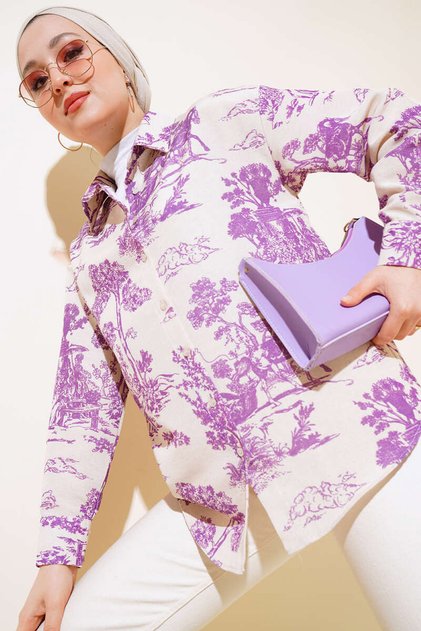 20222 Patterned Oversize Linen Shirt - Lilac