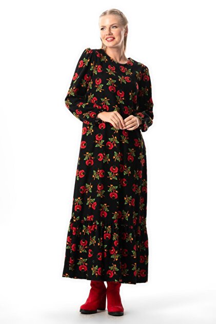 Eliş Şile Bezi Black Lily Pattern Long Sleeve Daffodil Flannel Dress
