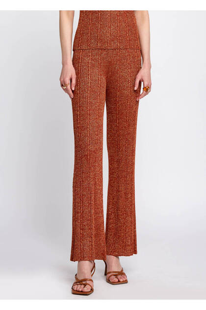 Cinnamon Color Knitwear Trousers with Slit Detail