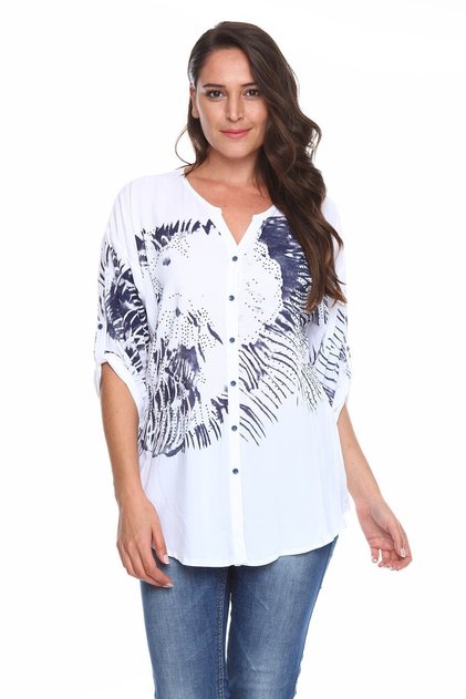 Printed Stone Detail Large Size Shirt Blouse White