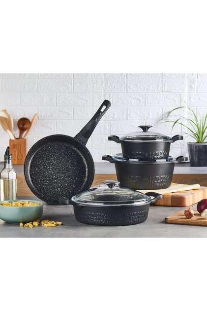 İtal Crystal Döküm 7 Piece Black-Granite Set (Pot 20cm 24Cm/Saucepan 26Cm/Frying Pan 26cm)