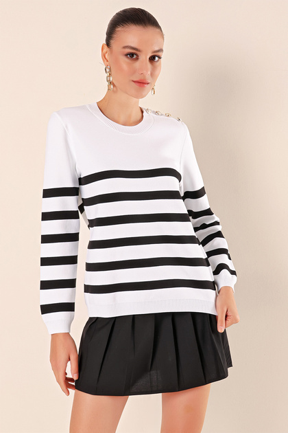 15820 Button Detailed Striped Sweater - C. Black