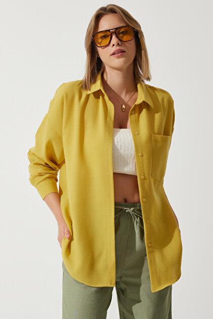 Lovelyİstanbul Oversize Basic Linen Ayrobin Shirt Mustard Ldd0009