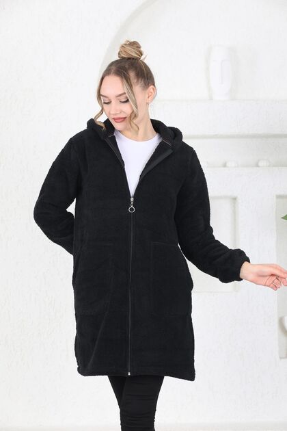 Zipper Hooded Long Plush Coat Fleece Cardigan Black Plus Size