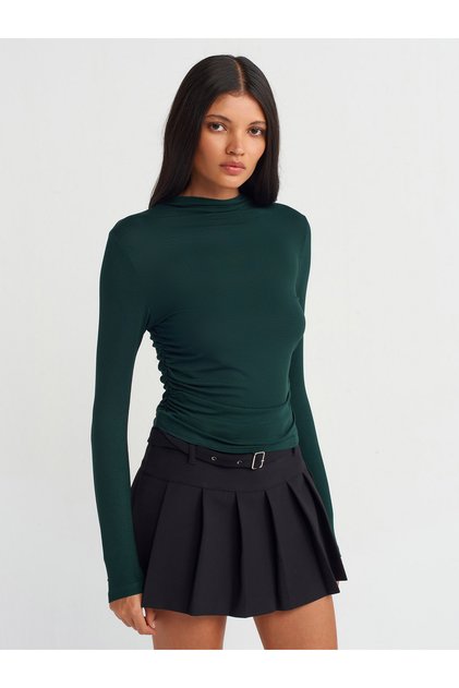 30504 Gathered Viscose Long Sleeve Top-N.Green