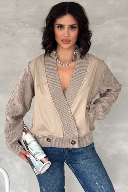 Women's Beige Knitwear Detailed Buttoned Leather Cardigan
