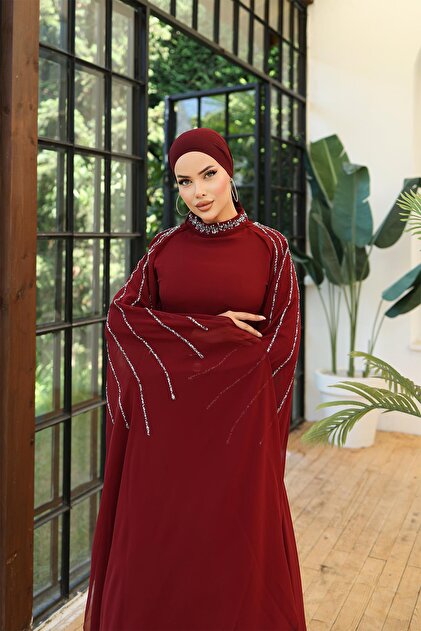 Hakimoda Laren Chiffon Burgundy Hijab Evening Dress- Trendyol