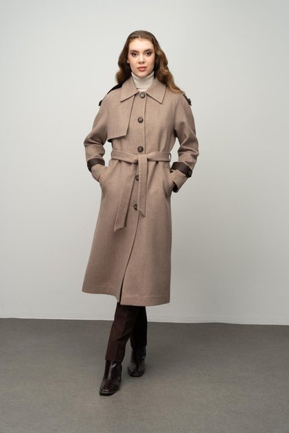 Real Leather Detailed Waist-Tied Mid-Length Cashmere Coat Kamel 3030-K