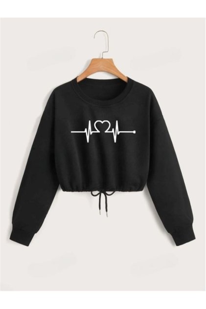 Kadın Ritim Baskılı Oversize Beli Bağcıklı Crop Sweatshirt