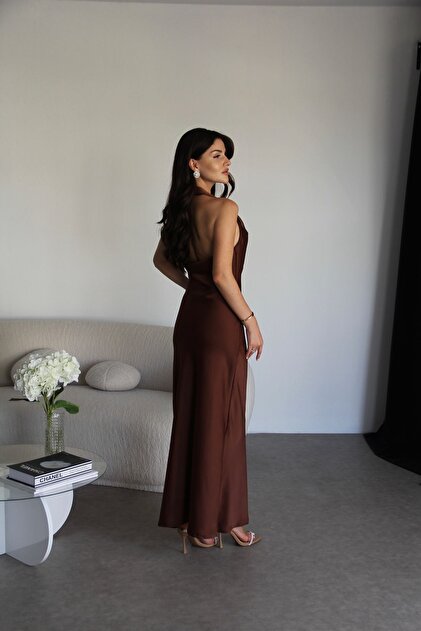coffee brown satin dress Zapakasa Women Simple Coffee Satin Long Formal Dress Mermaid Halter Evening  Dress