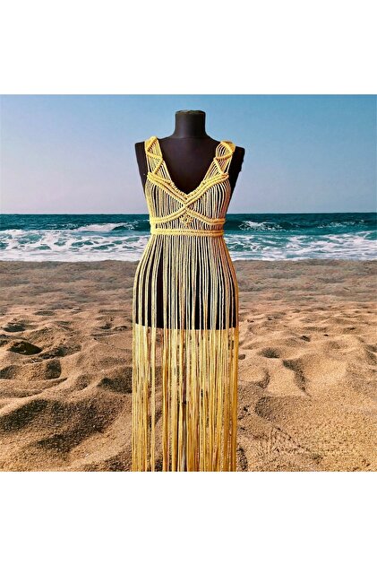 Zuviel Deco Handmade Mustard Long Macrame Dress, Beach Dress, Festival Dress-  Trendyol