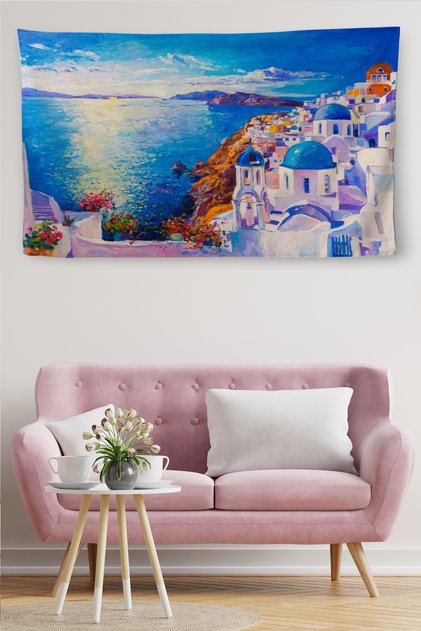 Wall Cloth Greece Santorinİ Oil Painting Look Canvas Wall Carpet-4015