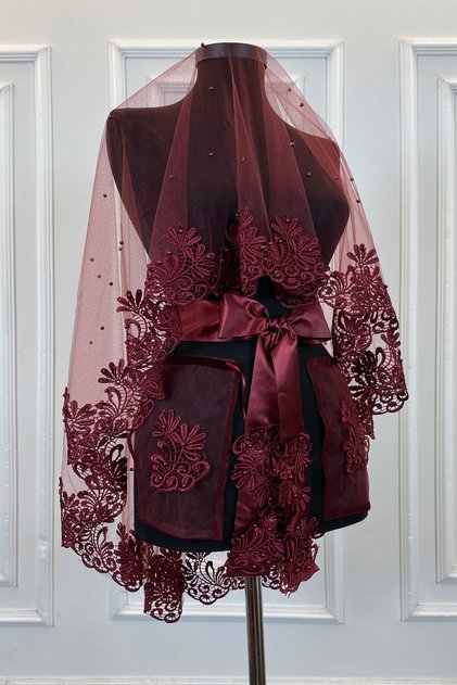 Burgundy Bridal Veil Set, Guipure and Pearl Decorated Henna Night Veil Alı Cover 6 Pieces