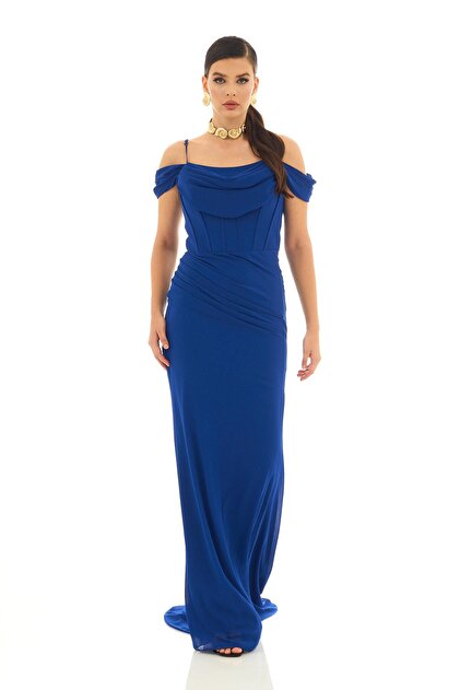 CARMEN Long Saks Chiffon Evening Dress - Strappy Dress- Trendyol