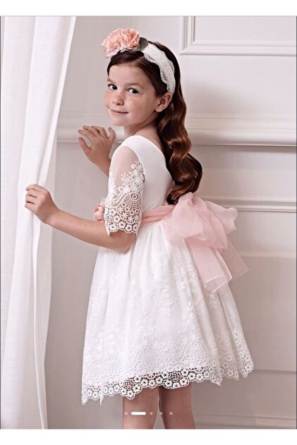 Abel and Lula Girls' French Lace Ruffle-Sleeve Dress Ecru L24Y5034
