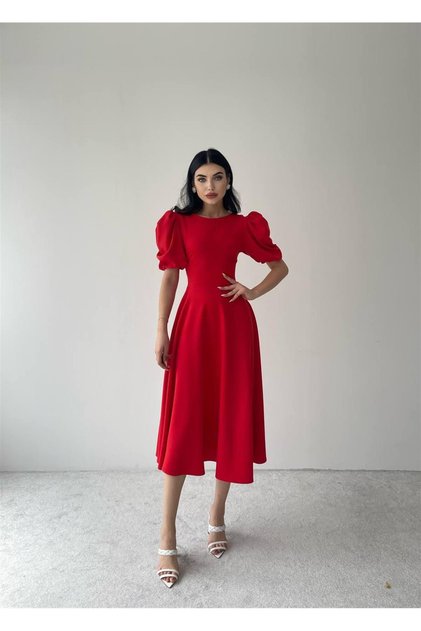 Viki Midi Boy Kloş Elbise- 4414 - Kırmızı