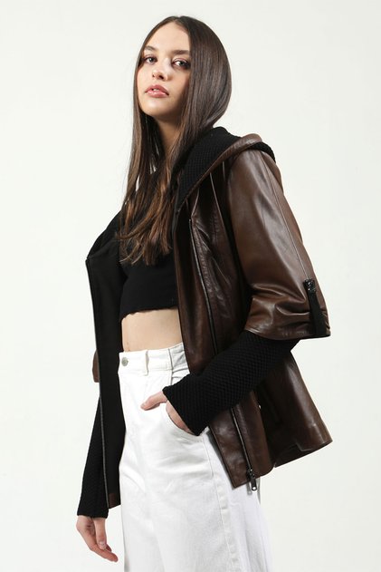 Larissa Women's Hooded Genuine Leather Coat Camel Antique