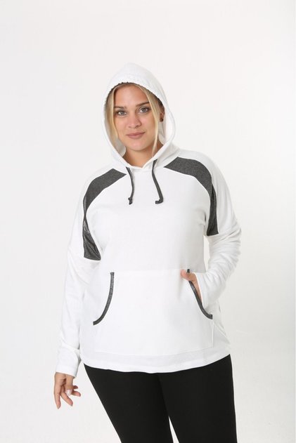 Women's Plus Size White 3 Thread Hooded Sweatshirt with Pockets 65N38328