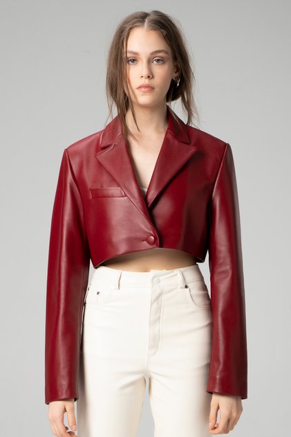 Jasmine Kadın Crop Blazer Hakiki Deri Ceket A.bordo