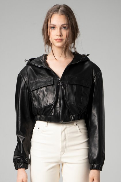 Barbara Women's Hooded Genuine Leather Crop Coat Black