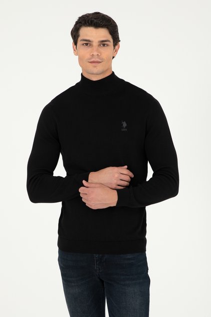 Erkek Slim Fit Yarım Boğazlı Siyah Basic Kazak 50288887-VR046