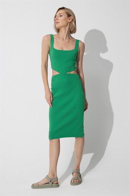 Green Low-cut Knitwear Midi Length Knitwear Dress