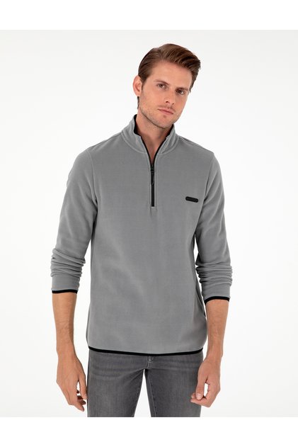 Gray Regular Fit Half Zip Fleece Sweatshirt 50298973-Vr024