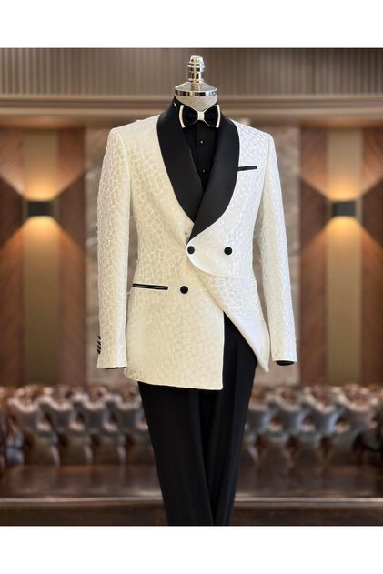 İtalyan stil slim fit şal yaka kruvaze ceket pantolon damatlık beyaz T11798