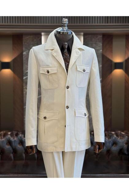 Italian Style Slim Fit Safari Jacket Pants Suit Ecru T11964