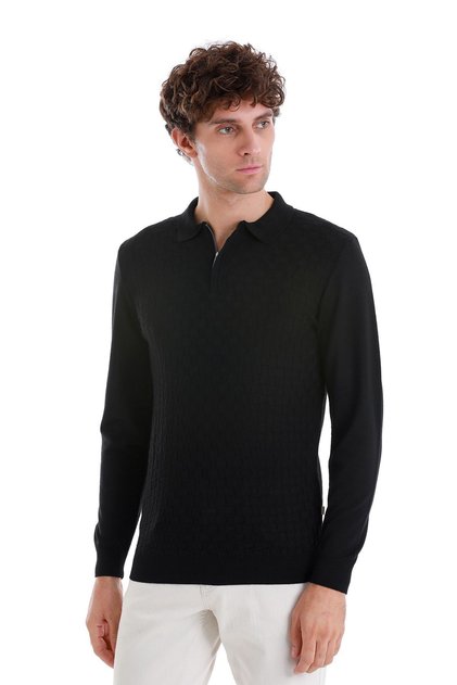 Black Regular Fit Jacquard Polo Collar Wool Knitwear Sweater