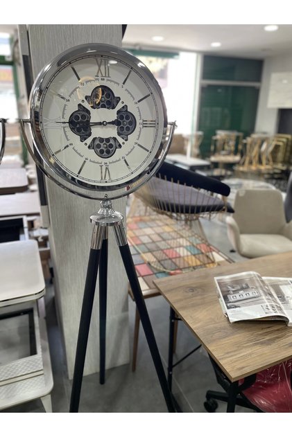 Tripod Ayaklı Dekoratif Saat Çarklı Krom - Siyah Ayaklı