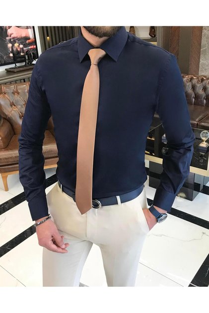 Italian style slim fit satin cotton men's tie collar shirt navy blue T9423