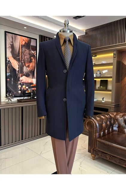 Palton pentru bărbați în stil italian slim fit, fără guler, amestecat de lână, albastru închis T10992