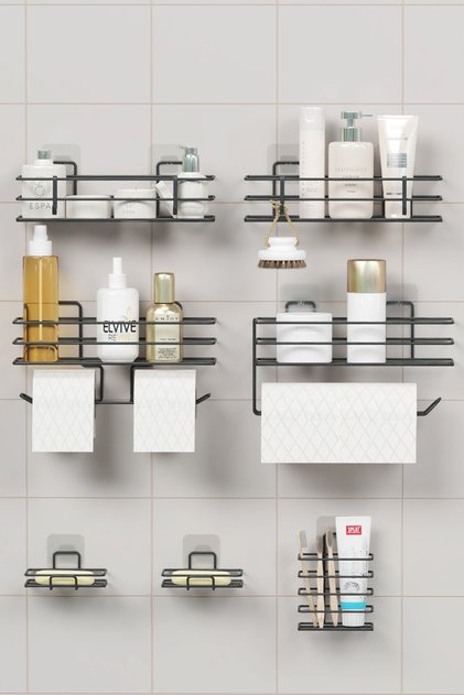 7 Parça Yapışkanlı Full Banyo Seti Duş Rafı Havluluk Tuvalet Kağıtlık Sabunluk Diş Fırçalık