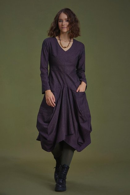 Deep V gât lung maneca Balloon Lilac rochie