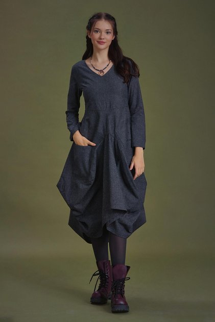 Deep V Neck Long Sleeve Balloon Gray Dress