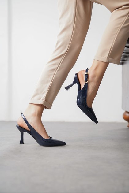 Women's Ovis Pointed Heeled Shoes - Navy Blue-Patent Leather