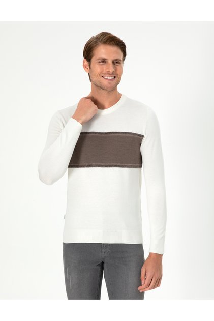 Ecru Slim Fit Crew Neck Wool Blend Sweater 50296439-Vr019
