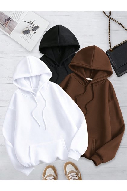 Unisex 3 İplik Kalın Basic Oversize Kalıp 3'lü Kapüşonlu Sweatshirt