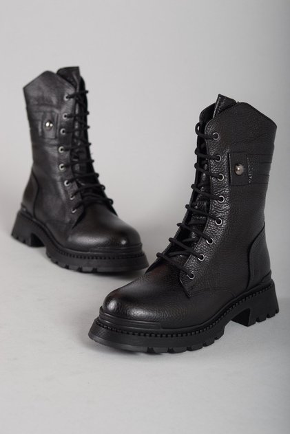 10024 Genuine Leather Women's Combat Boots Black