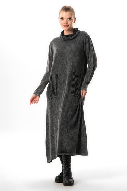 Long Sleeve Sevda Wide Neck Autumn and Winter Knitwear Dress with Pockets Smoked Fm